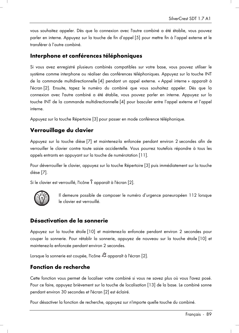 Interphone et conférences téléphoniques, Verrouillage du clavier, Désactivation de la sonnerie | Fonction de recherche | Silvercrest SDT 1.7 A1 User Manual | Page 91 / 192