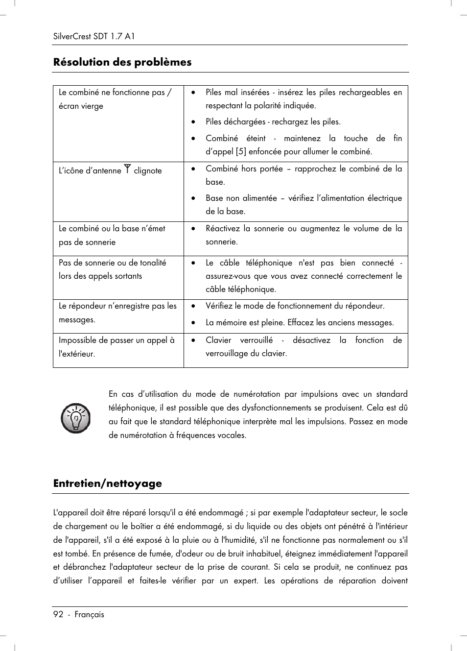 Résolution des problèmes, Entretien/nettoyage | Silvercrest SDT 1.7 A1 User Manual | Page 94 / 192