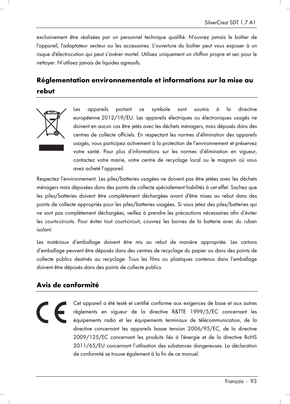 Avis de conformité | Silvercrest SDT 1.7 A1 User Manual | Page 95 / 192