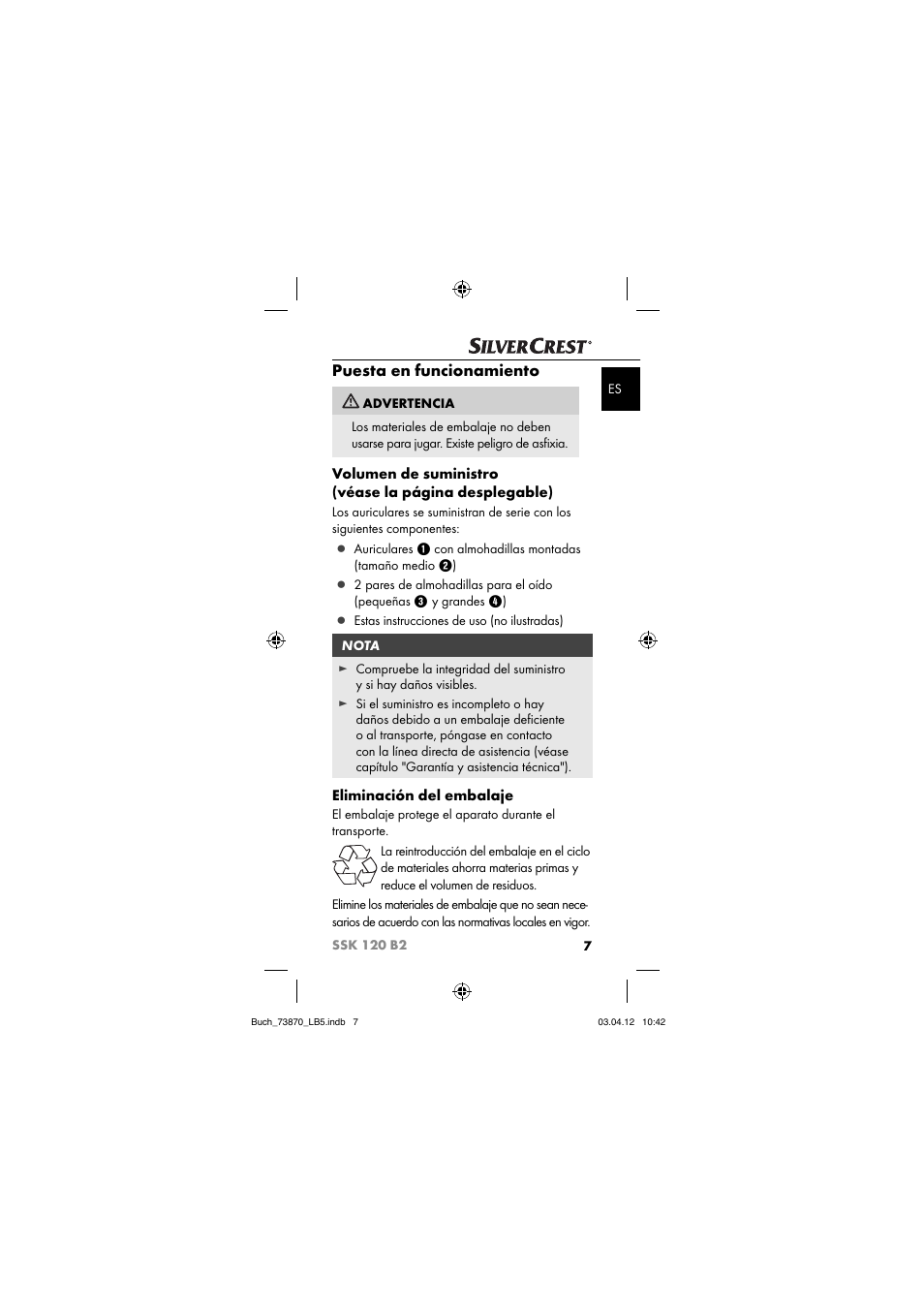 Puesta en funcionamiento, Eliminación del embalaje | Silvercrest SSK 120 B2 User Manual | Page 10 / 45