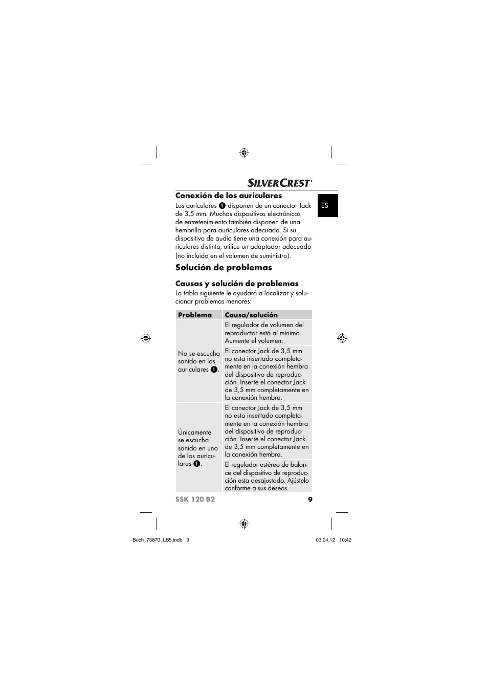 Solución de problemas, Conexión de los auriculares, Causas y solución de problemas | Silvercrest SSK 120 B2 User Manual | Page 12 / 45