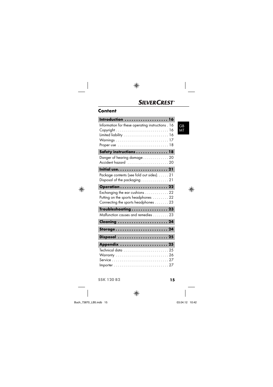 Content | Silvercrest SSK 120 B2 User Manual | Page 18 / 45