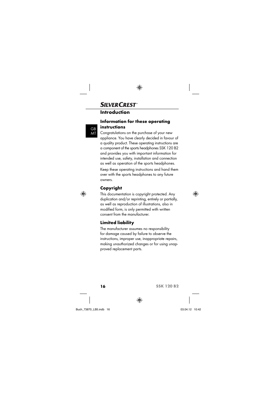 Introduction, Information for these operating instructions, Copyright | Limited liability | Silvercrest SSK 120 B2 User Manual | Page 19 / 45