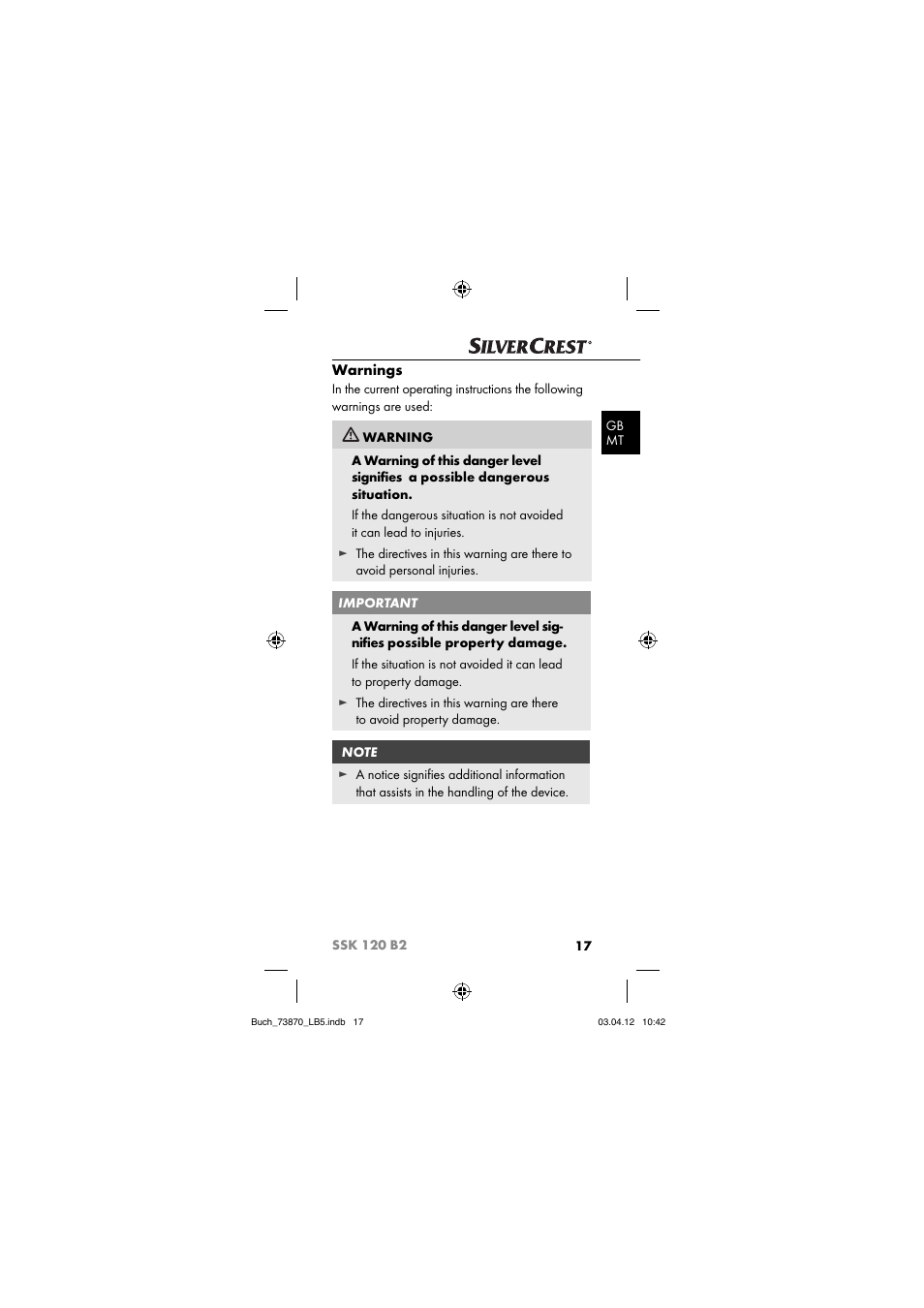 Warnings | Silvercrest SSK 120 B2 User Manual | Page 20 / 45