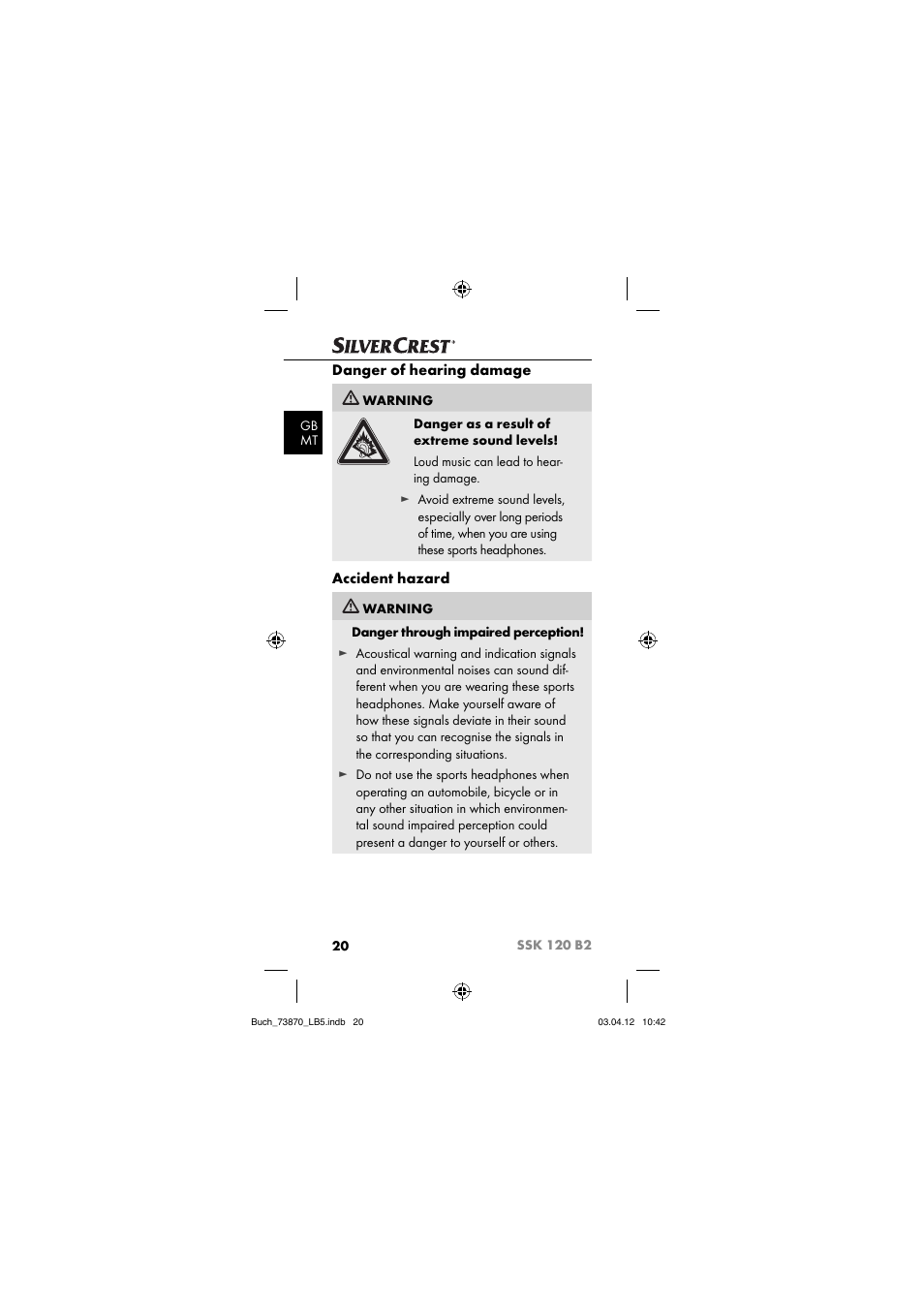 Danger of hearing damage, Accident hazard | Silvercrest SSK 120 B2 User Manual | Page 23 / 45