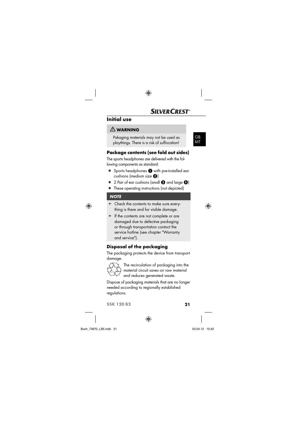 Initial use, Package contents (see fold out sides), Disposal of the packaging | Silvercrest SSK 120 B2 User Manual | Page 24 / 45