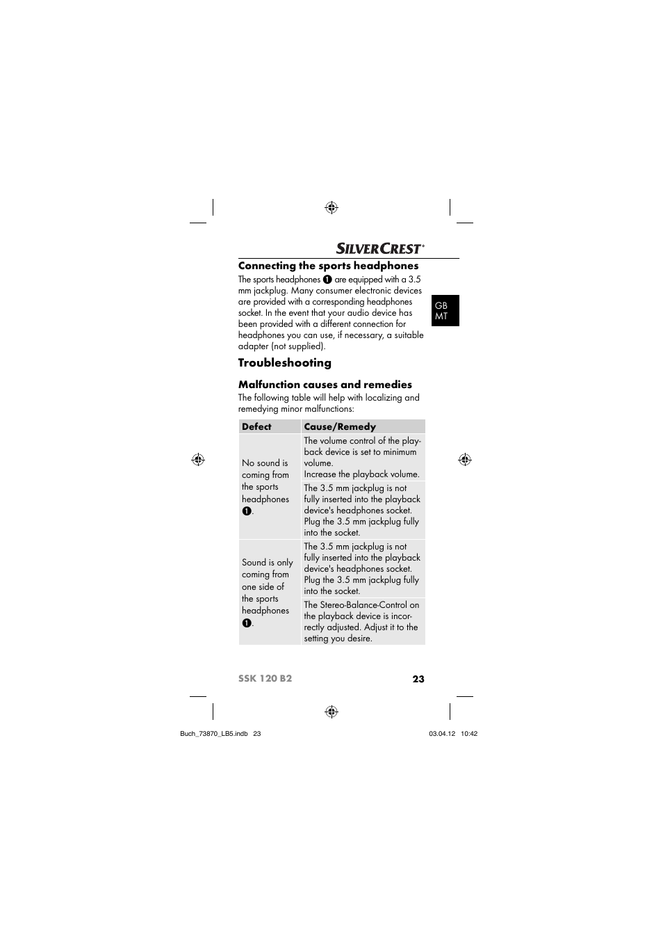 Troubleshooting, Connecting the sports headphones, Malfunction causes and remedies | Silvercrest SSK 120 B2 User Manual | Page 26 / 45