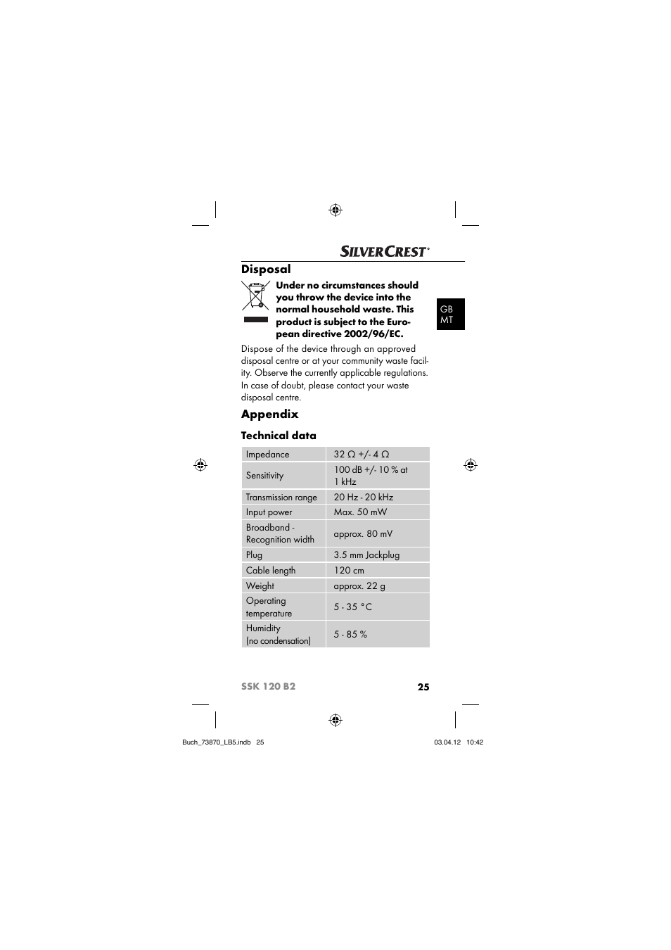 Disposal, Appendix, Technical data | Silvercrest SSK 120 B2 User Manual | Page 28 / 45