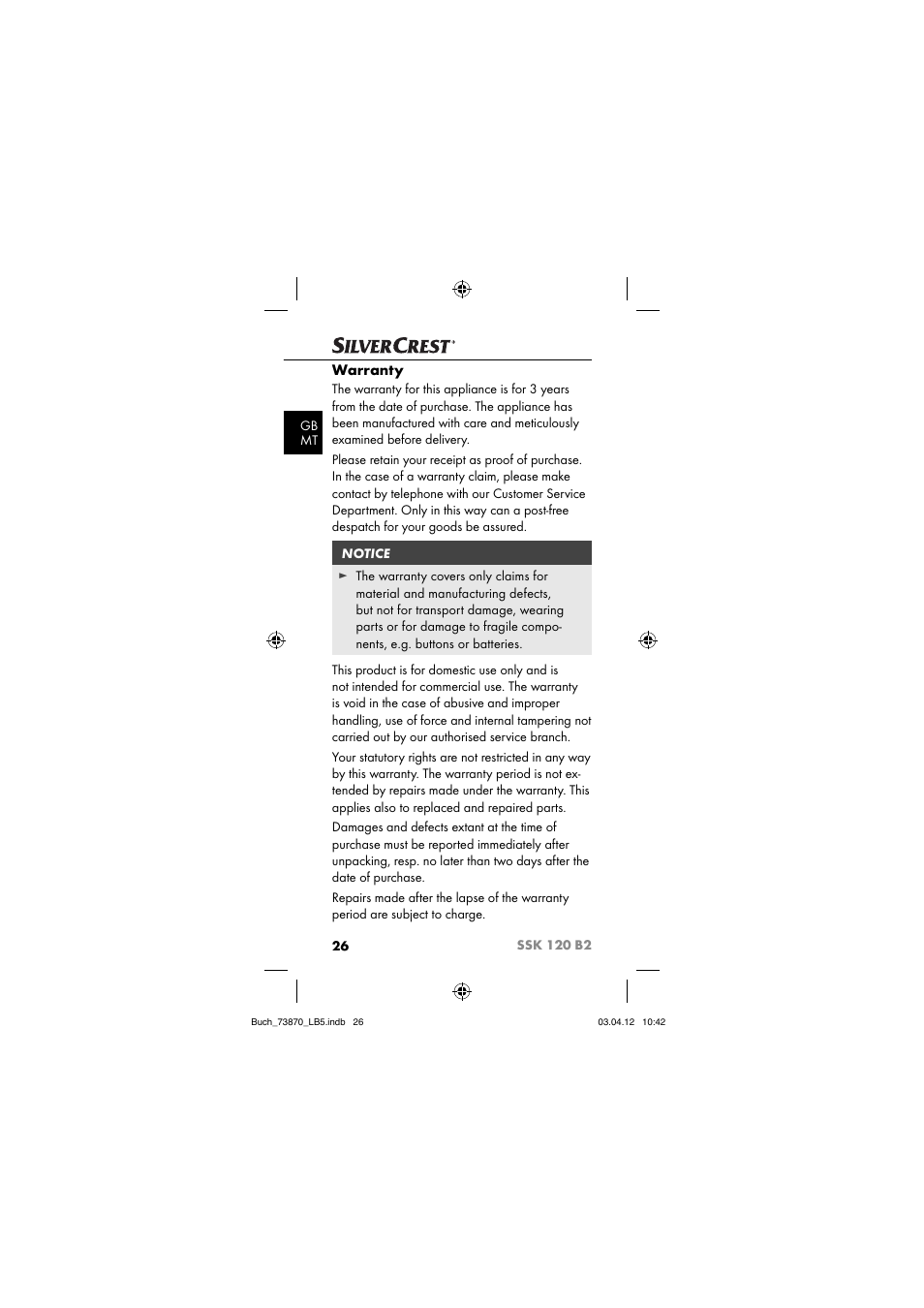 Warranty | Silvercrest SSK 120 B2 User Manual | Page 29 / 45