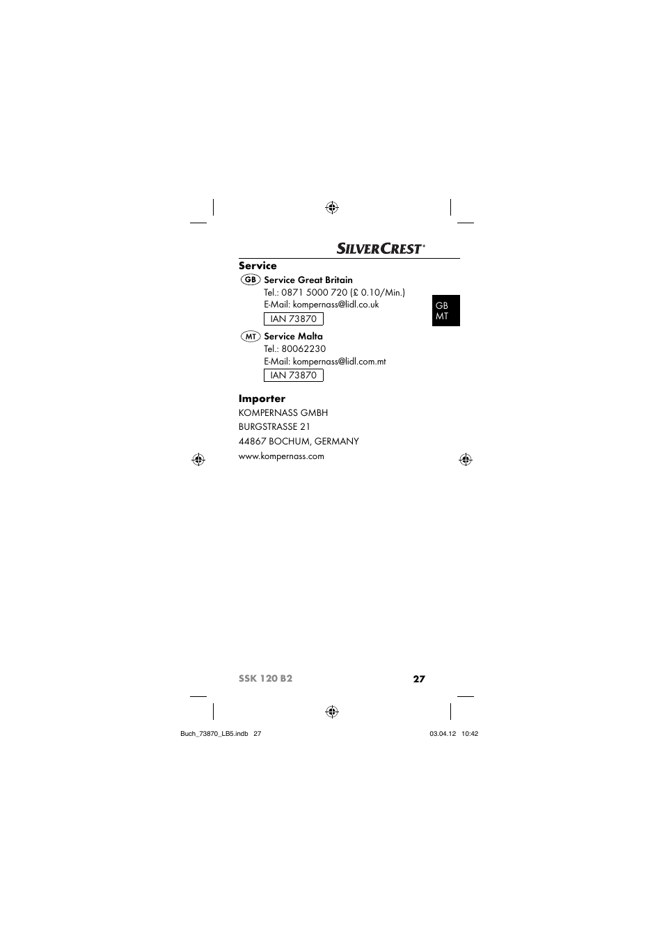 Service, Importer | Silvercrest SSK 120 B2 User Manual | Page 30 / 45