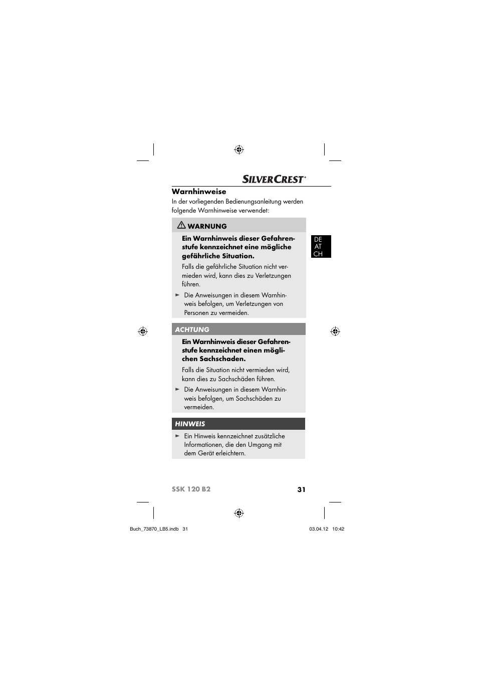 Warnhinweise | Silvercrest SSK 120 B2 User Manual | Page 34 / 45