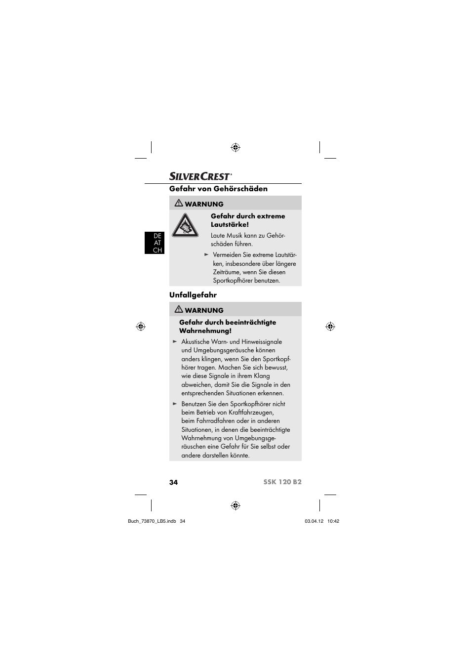 Gefahr von gehörschäden, Unfallgefahr | Silvercrest SSK 120 B2 User Manual | Page 37 / 45