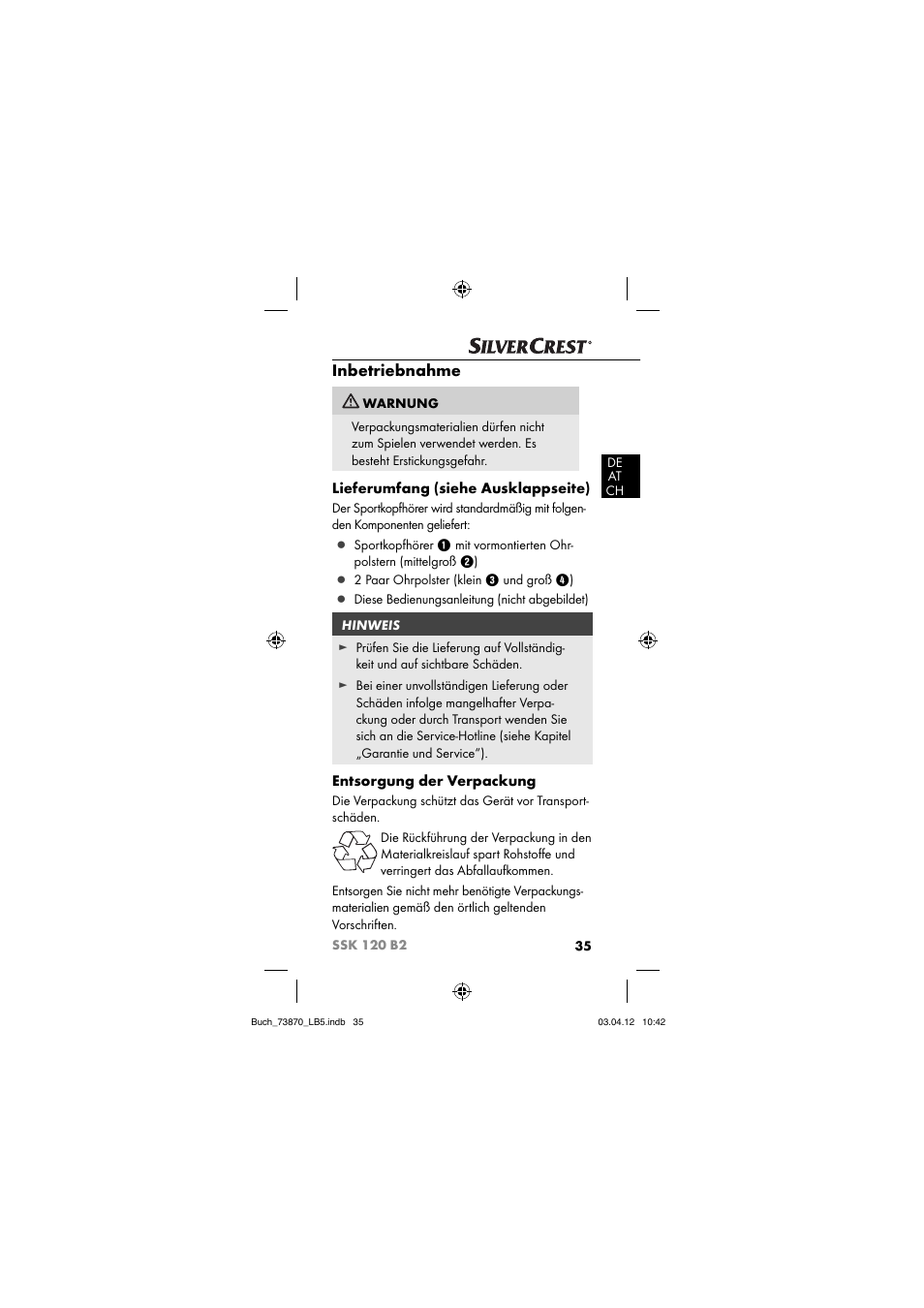 Inbetriebnahme, Lieferumfang (siehe ausklappseite), Entsorgung der verpackung | Silvercrest SSK 120 B2 User Manual | Page 38 / 45