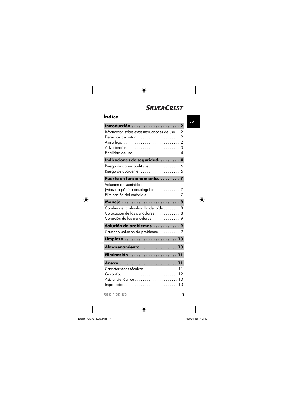 Índice | Silvercrest SSK 120 B2 User Manual | Page 4 / 45