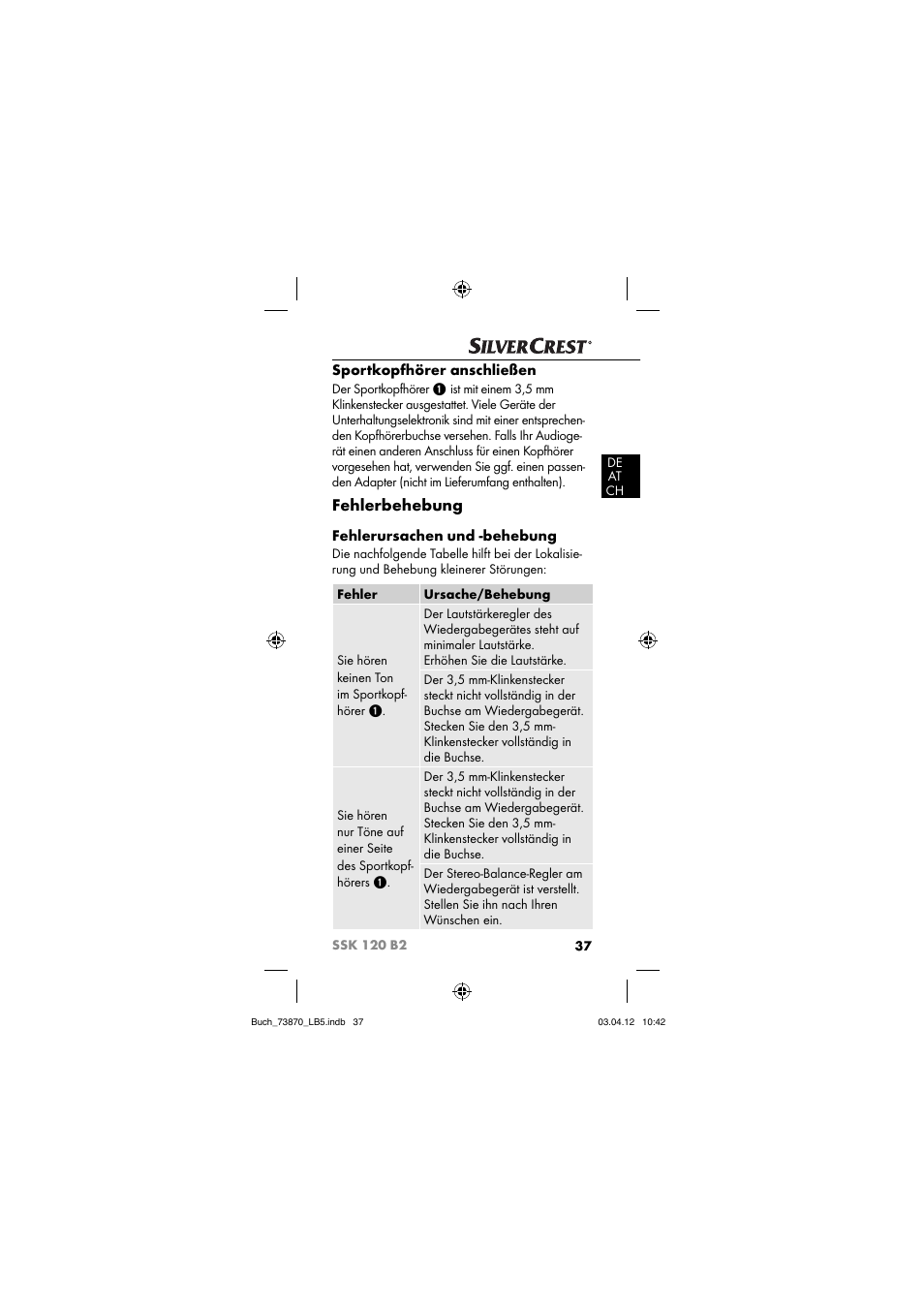 Fehlerbehebung, Sportkopfhörer anschließen, Fehlerursachen und -behebung | Silvercrest SSK 120 B2 User Manual | Page 40 / 45