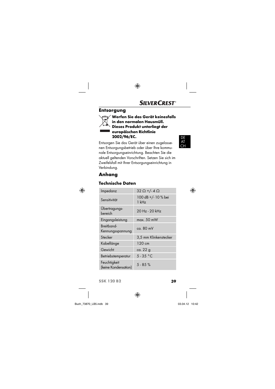 Entsorgung, Anhang, Technische daten | Silvercrest SSK 120 B2 User Manual | Page 42 / 45