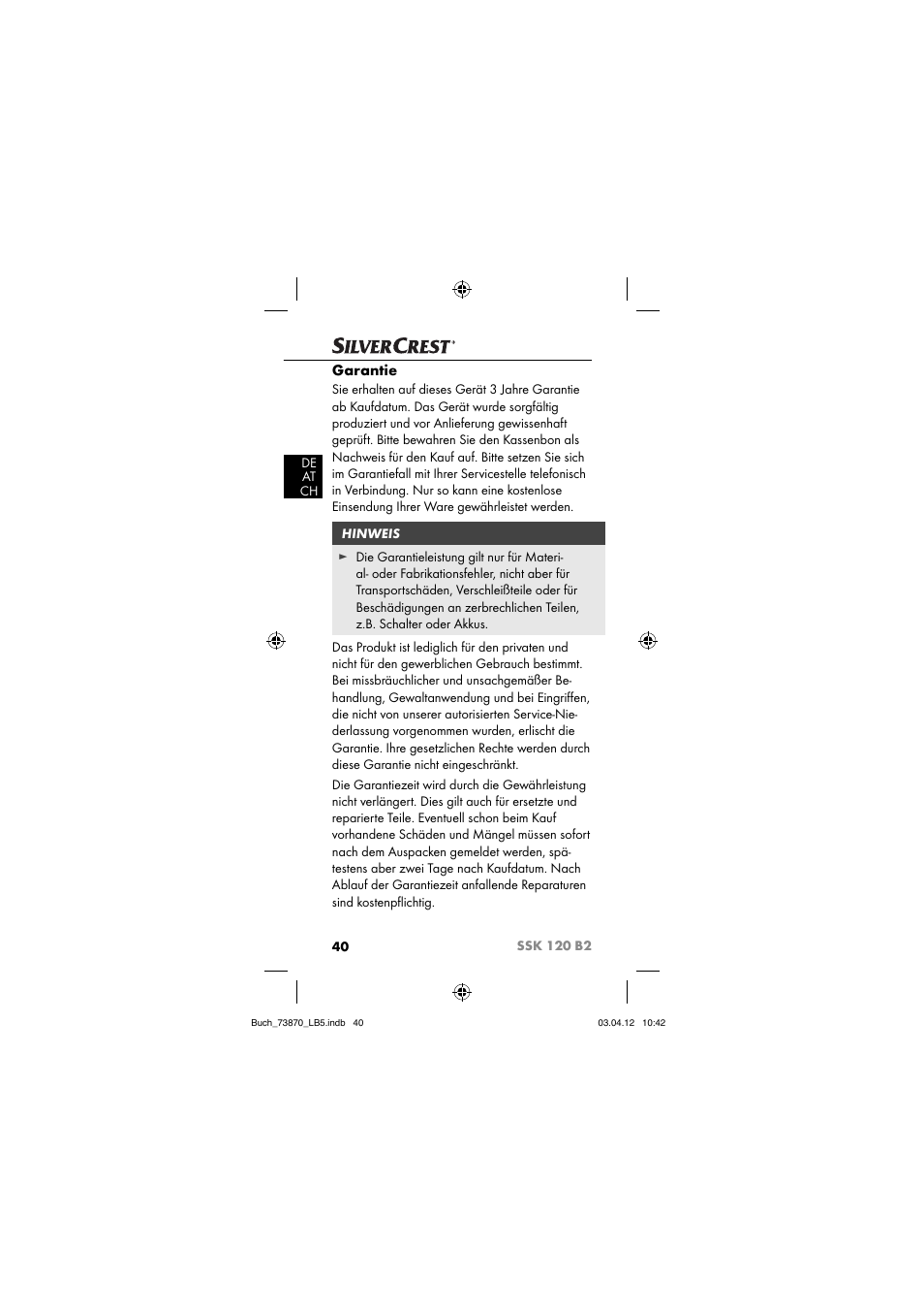 Garantie | Silvercrest SSK 120 B2 User Manual | Page 43 / 45