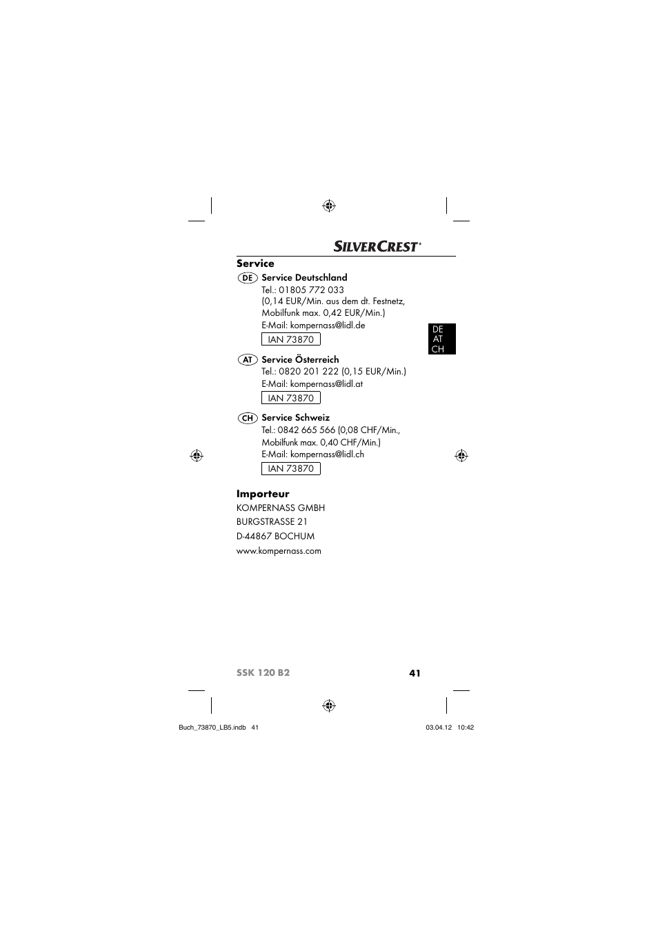 Service, Importeur | Silvercrest SSK 120 B2 User Manual | Page 44 / 45