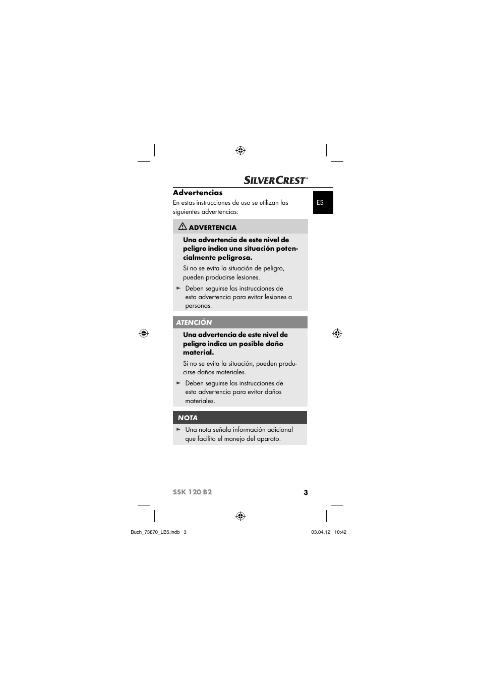 Advertencias | Silvercrest SSK 120 B2 User Manual | Page 6 / 45