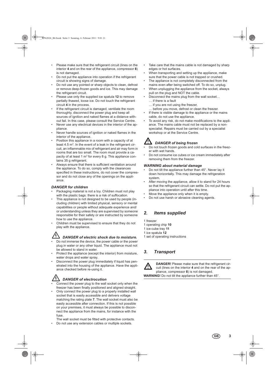 Items supplied, Transport | Silvercrest STG 70 B2 User Manual | Page 5 / 14