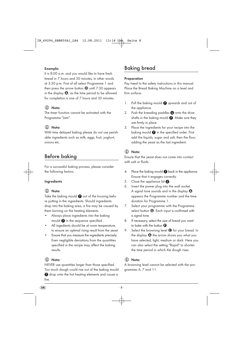 Before baking, Baking bread | Silvercrest SBB 850 A1 User Manual | Page 10 / 146