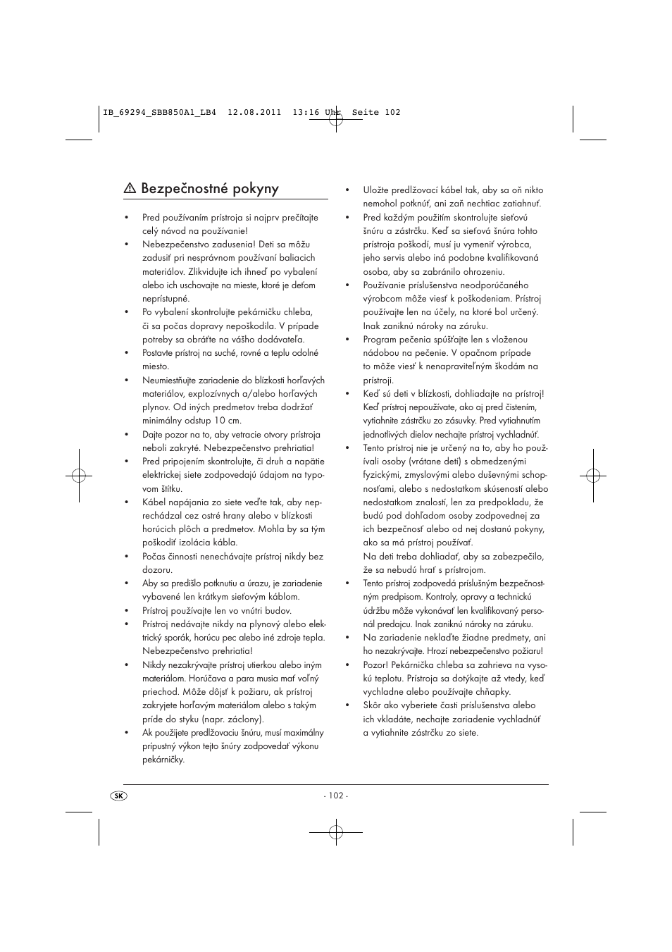 Bezpečnostné pokyny | Silvercrest SBB 850 A1 User Manual | Page 104 / 146