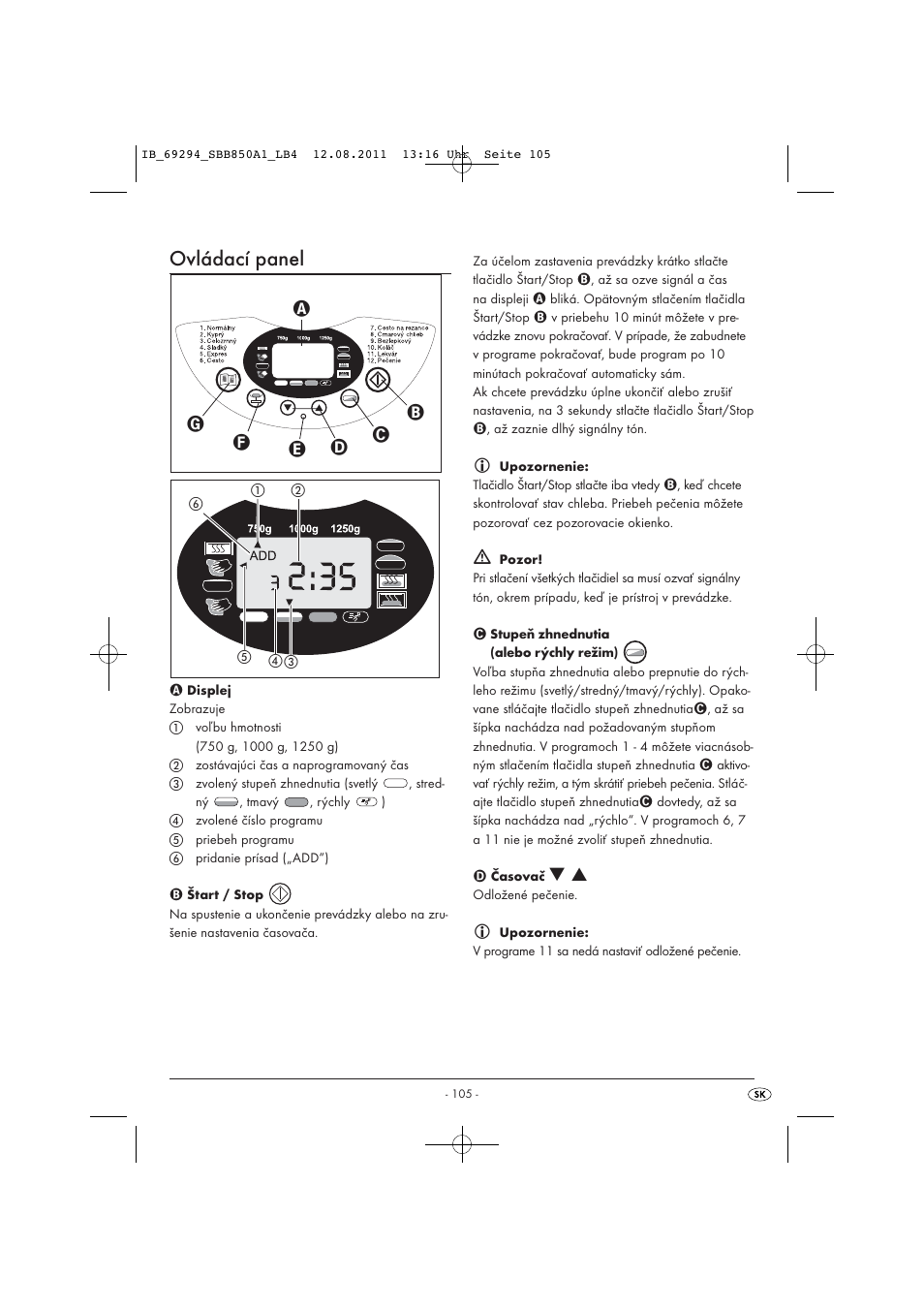 Ovládací panel | Silvercrest SBB 850 A1 User Manual | Page 107 / 146