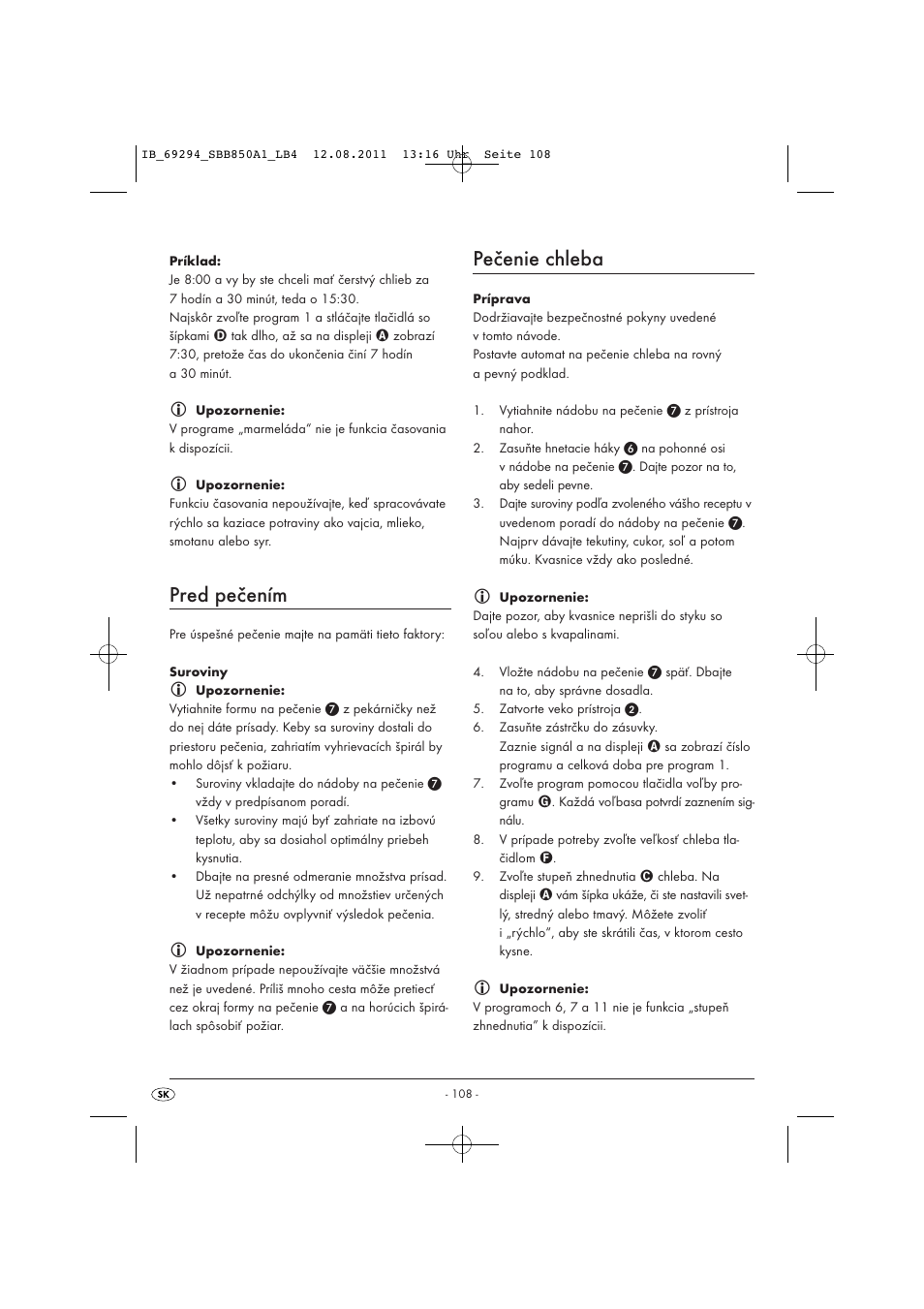 Pred pečením, Pečenie chleba | Silvercrest SBB 850 A1 User Manual | Page 110 / 146