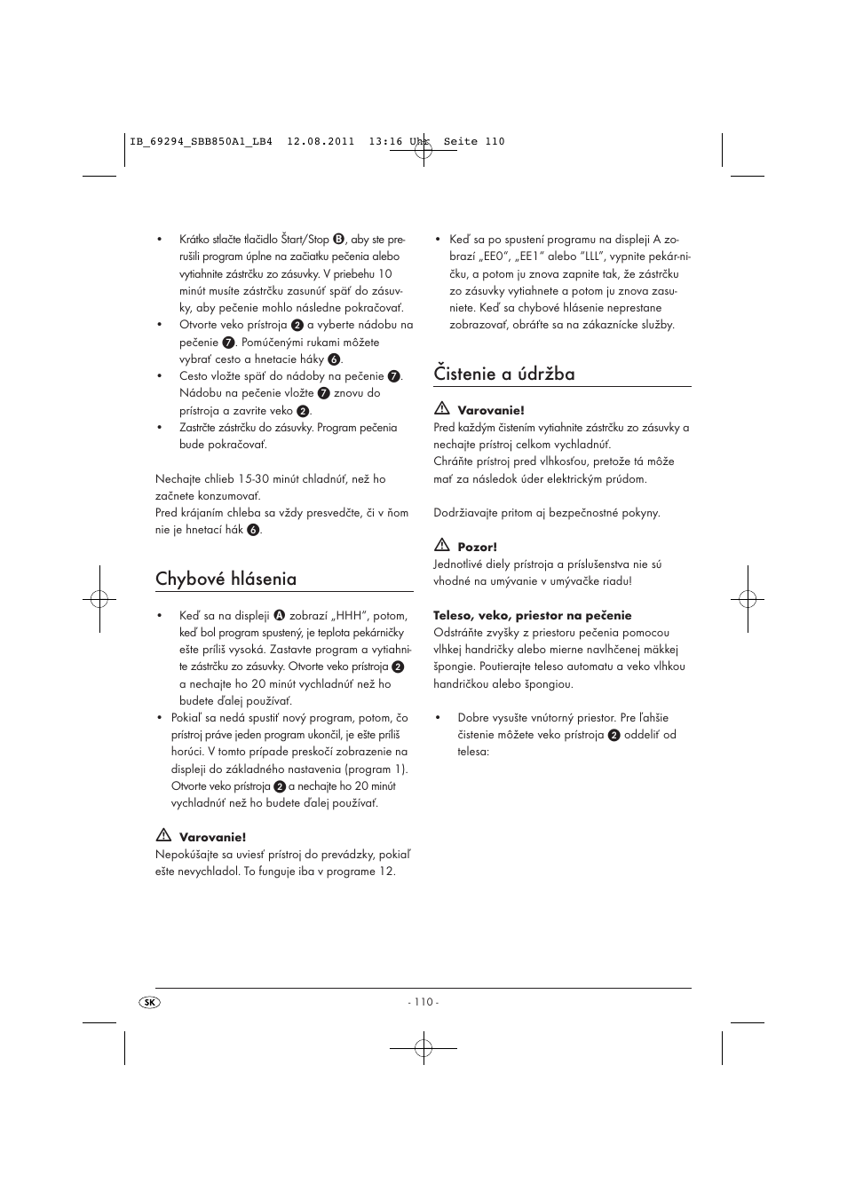 Chybové hlásenia, Čistenie a údržba | Silvercrest SBB 850 A1 User Manual | Page 112 / 146