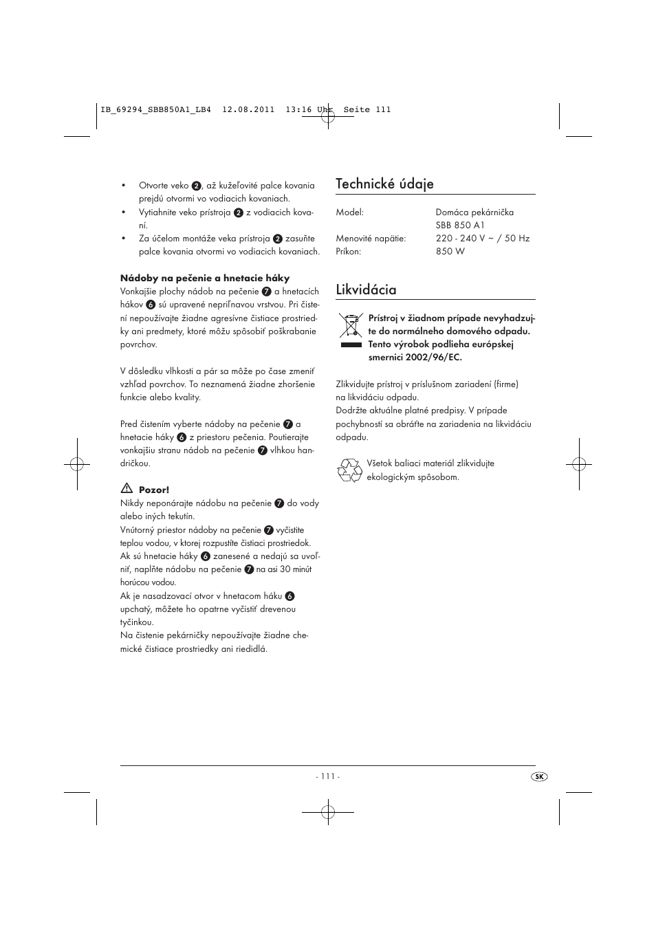 Technické údaje, Likvidácia | Silvercrest SBB 850 A1 User Manual | Page 113 / 146