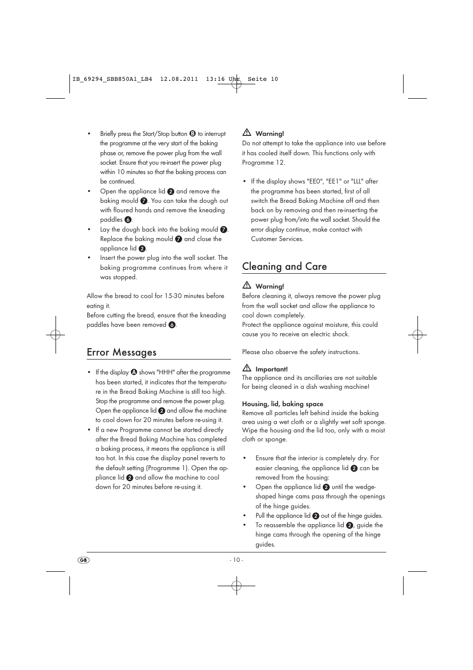 Error messages, Cleaning and care | Silvercrest SBB 850 A1 User Manual | Page 12 / 146