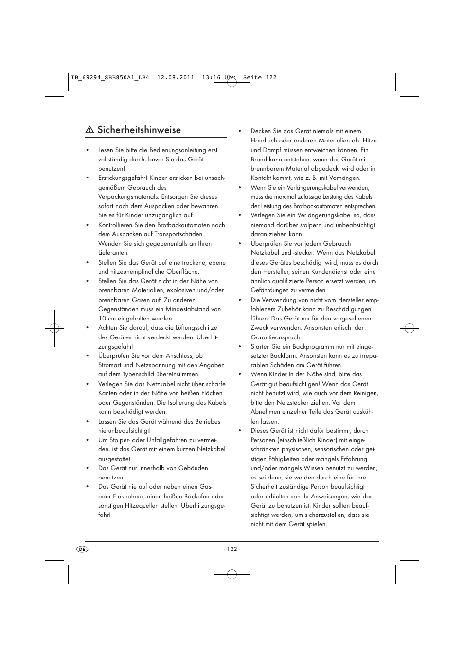 Sicherheitshinweise | Silvercrest SBB 850 A1 User Manual | Page 124 / 146