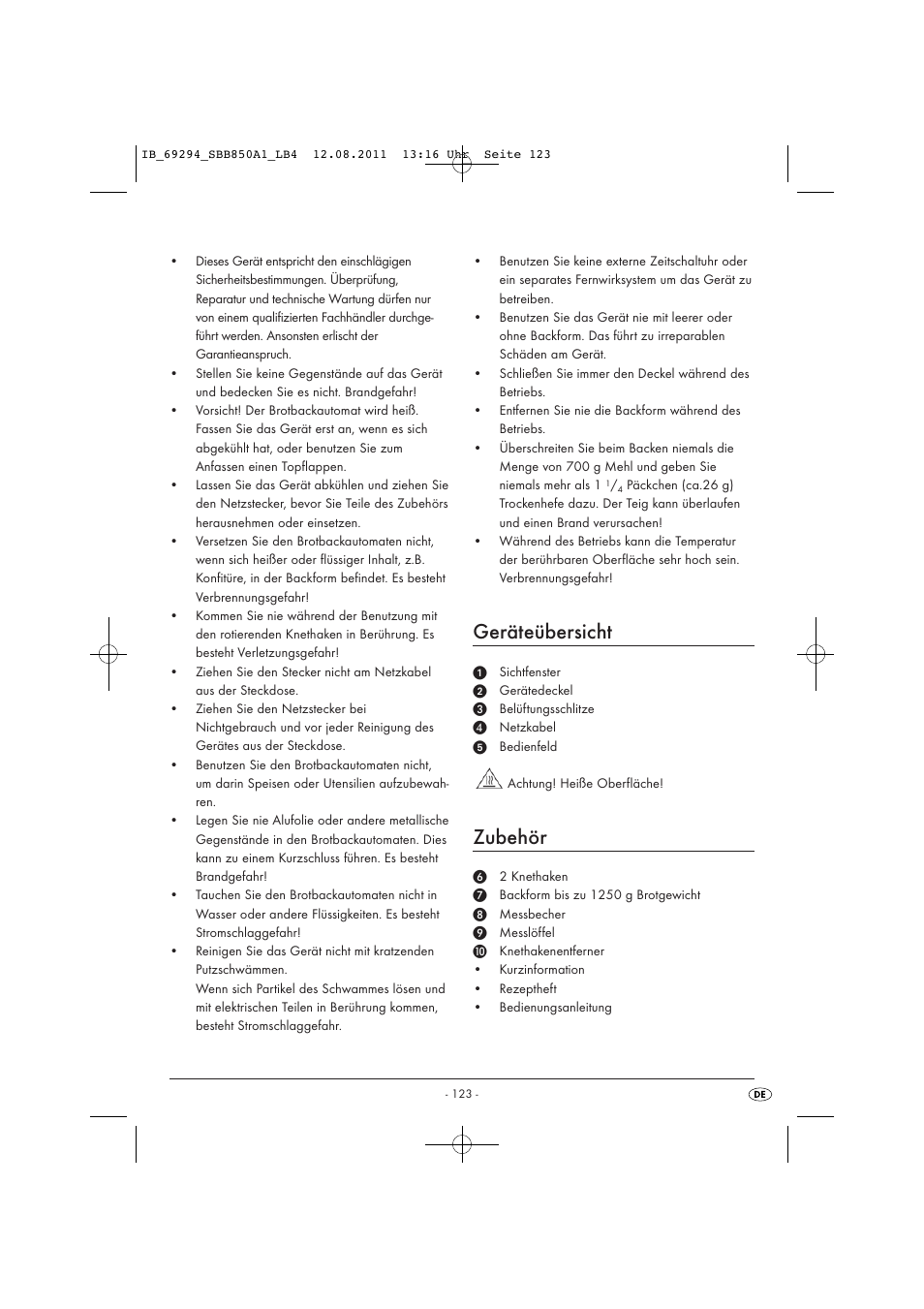 Geräteübersicht, Zubehör | Silvercrest SBB 850 A1 User Manual | Page 125 / 146