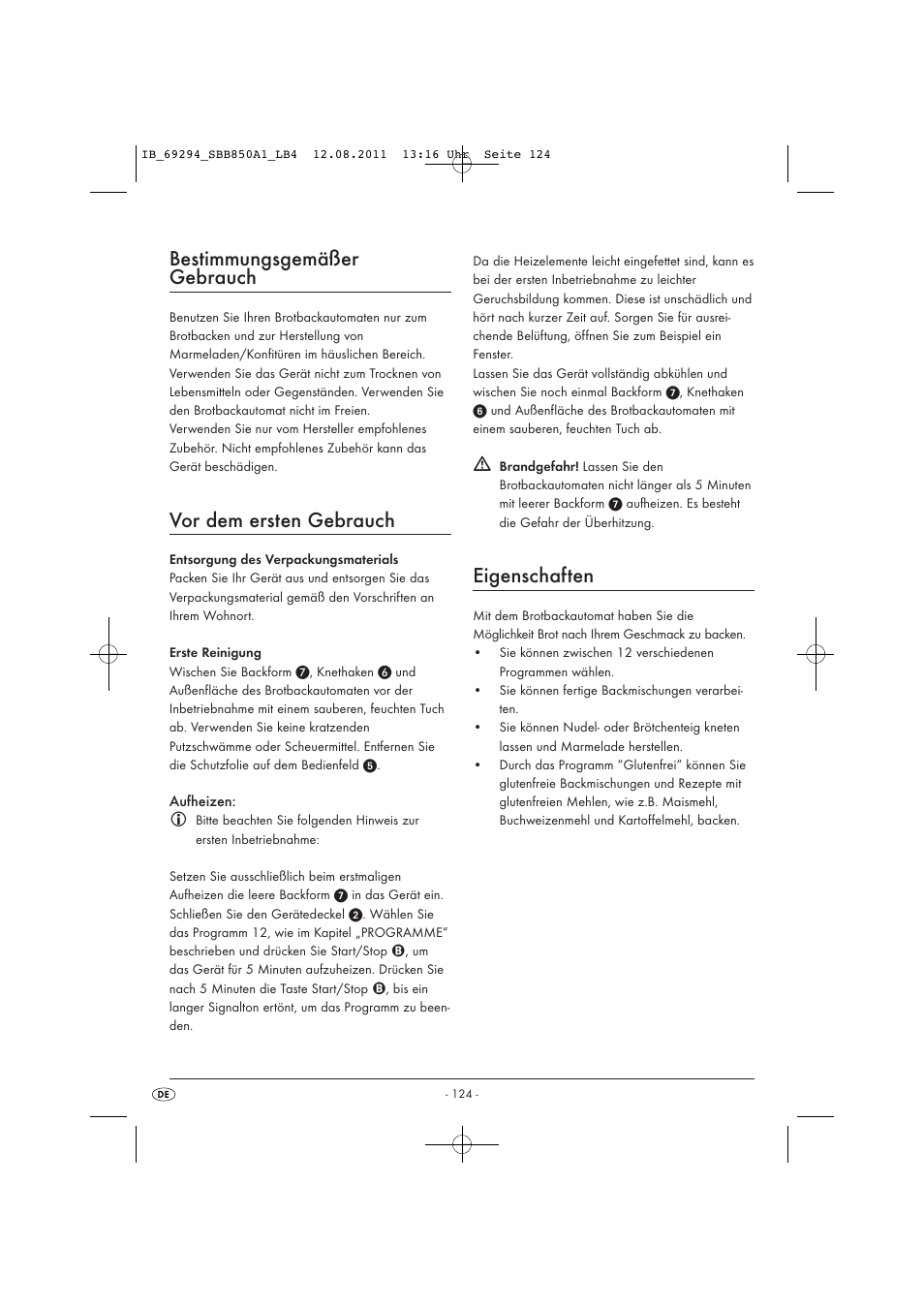 Bestimmungsgemäßer gebrauch, Vor dem ersten gebrauch, Eigenschaften | Silvercrest SBB 850 A1 User Manual | Page 126 / 146