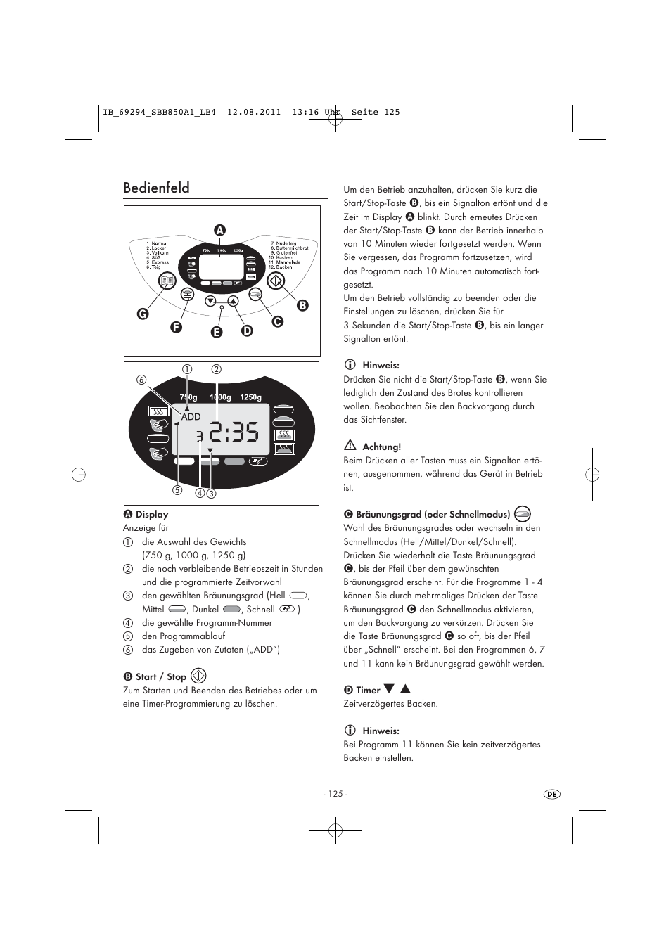 Bedienfeld | Silvercrest SBB 850 A1 User Manual | Page 127 / 146