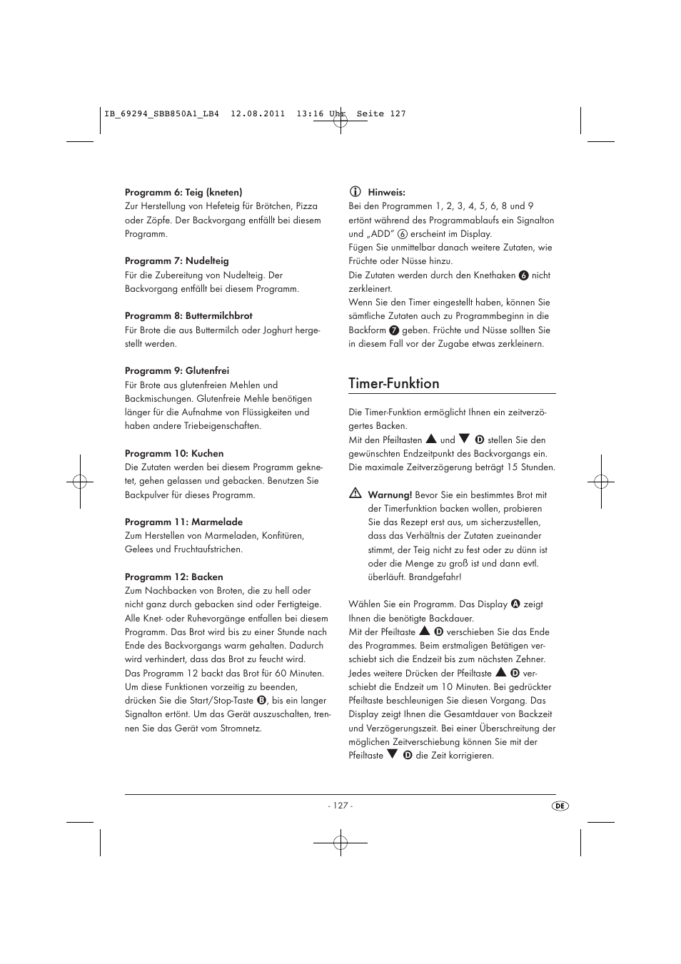 Timer-funktion | Silvercrest SBB 850 A1 User Manual | Page 129 / 146