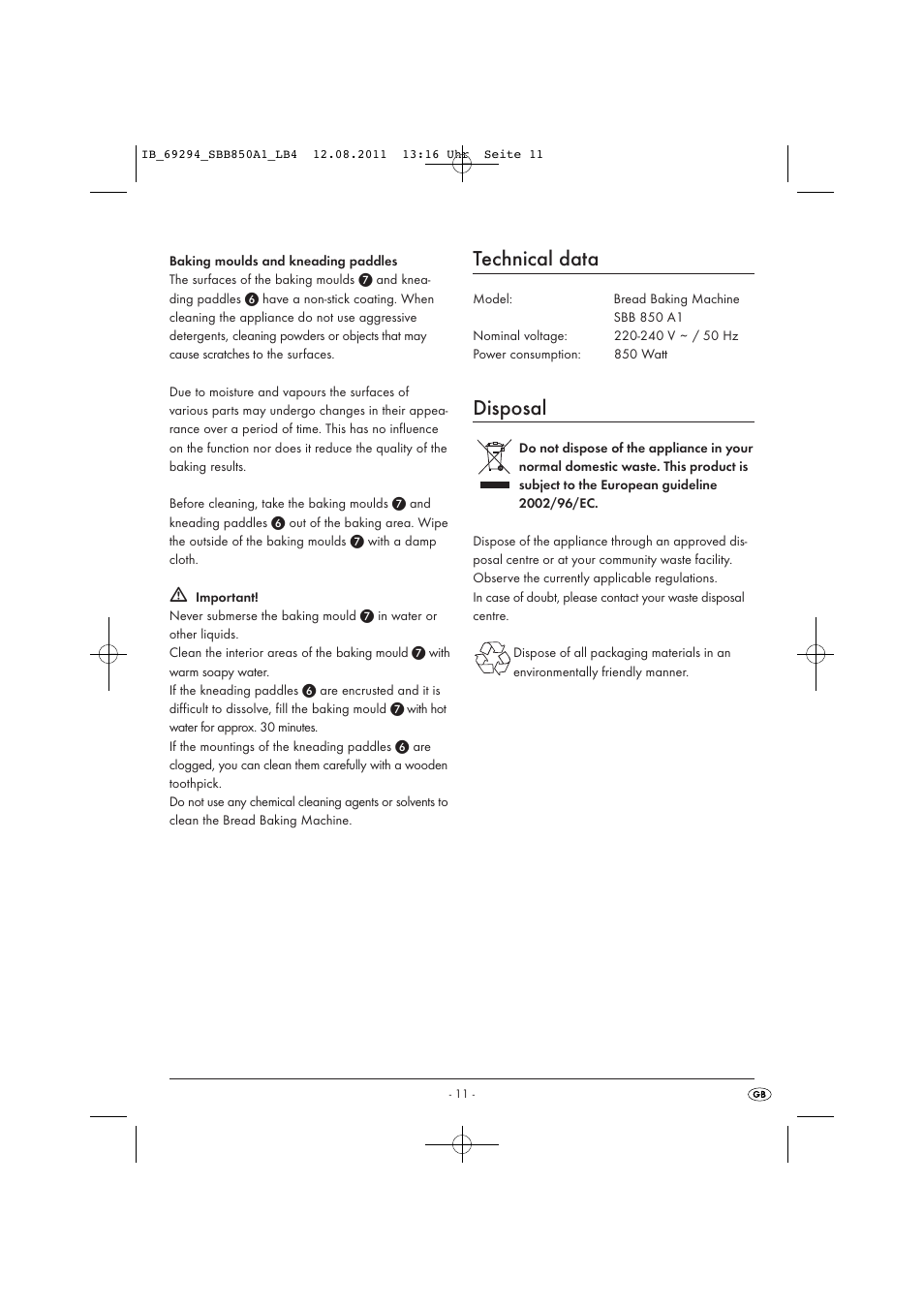Technical data, Disposal | Silvercrest SBB 850 A1 User Manual | Page 13 / 146