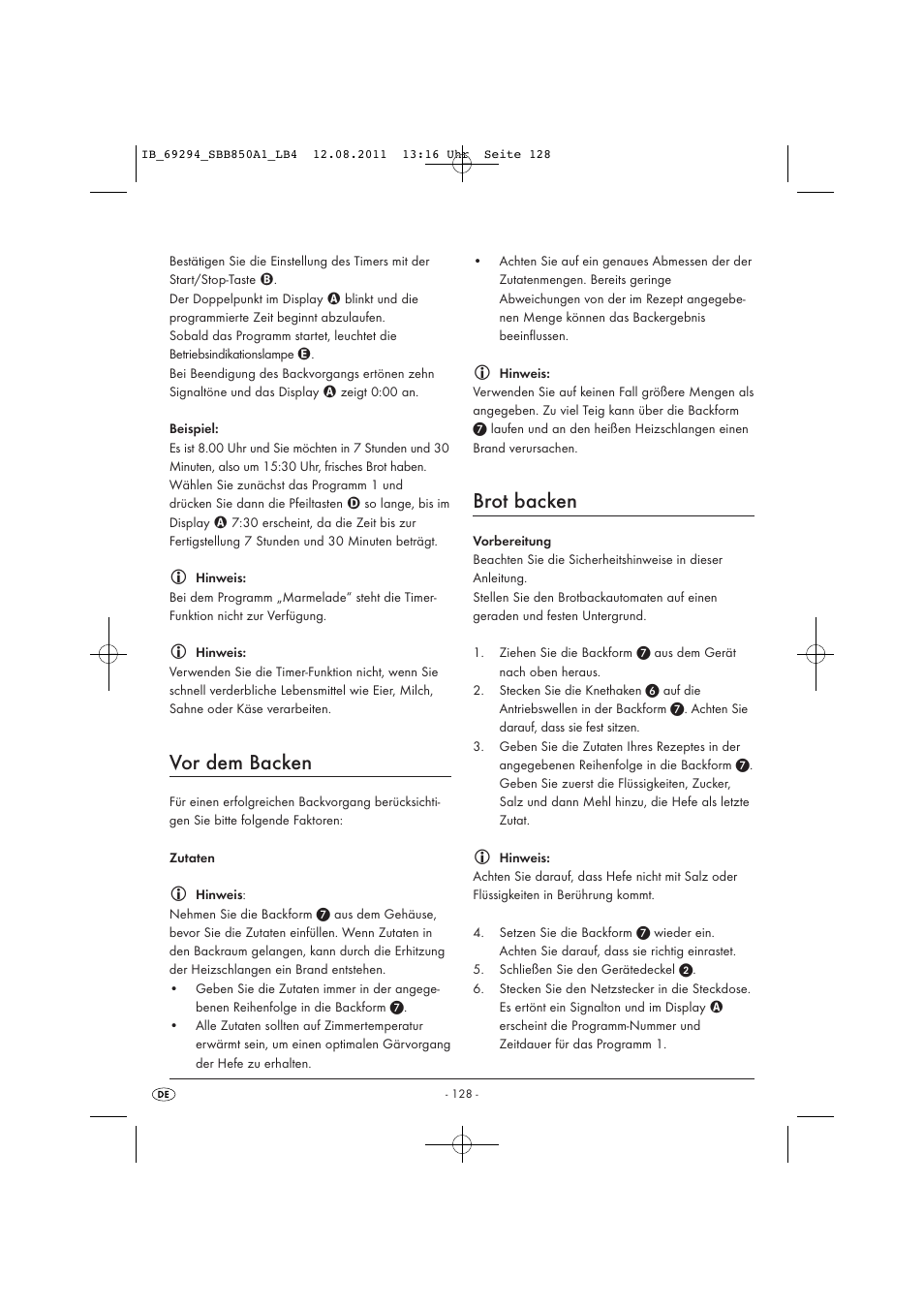 Vor dem backen, Brot backen | Silvercrest SBB 850 A1 User Manual | Page 130 / 146