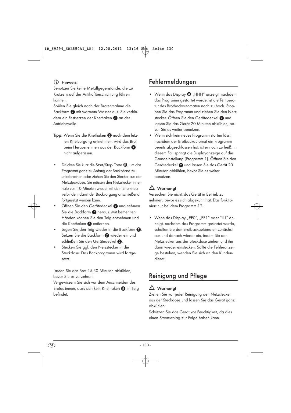 Fehlermeldungen, Reinigung und pflege | Silvercrest SBB 850 A1 User Manual | Page 132 / 146