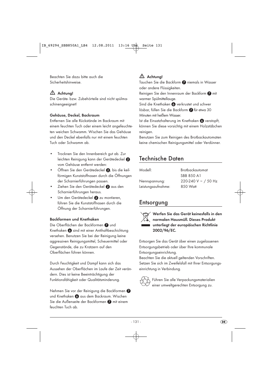 Technische daten, Entsorgung | Silvercrest SBB 850 A1 User Manual | Page 133 / 146