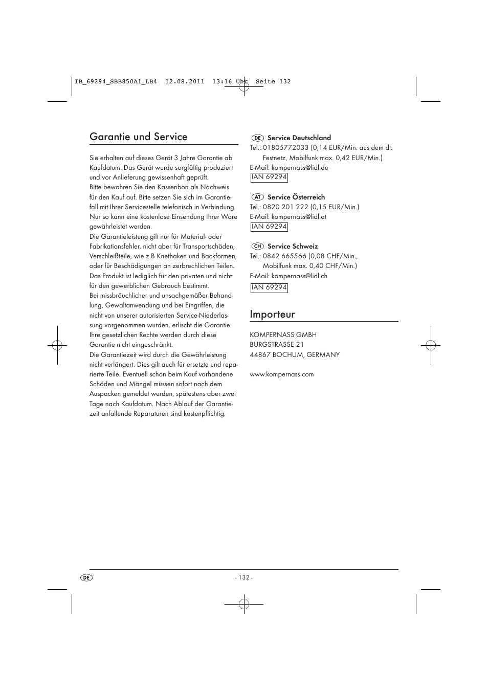 Garantie und service, Importeur | Silvercrest SBB 850 A1 User Manual | Page 134 / 146