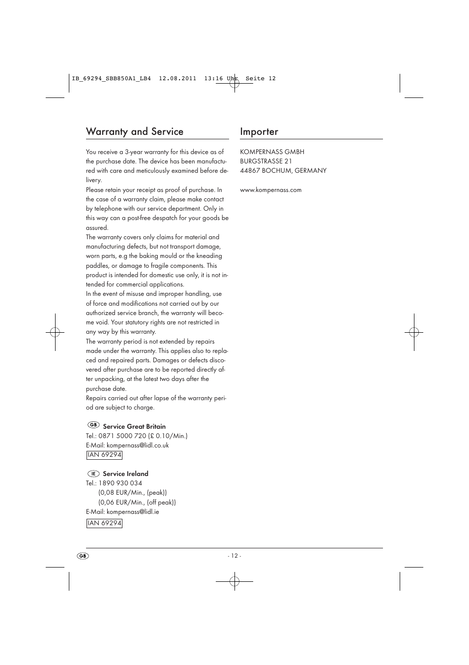Warranty and service, Importer | Silvercrest SBB 850 A1 User Manual | Page 14 / 146