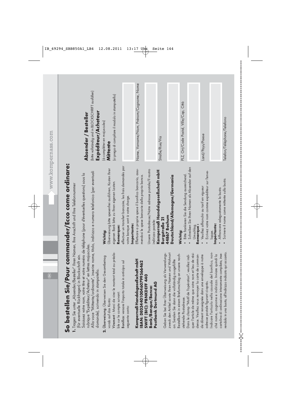 Absender / bes teller, Expédit eur/a ch et eur, Mitt ent e | Silvercrest SBB 850 A1 User Manual | Page 146 / 146