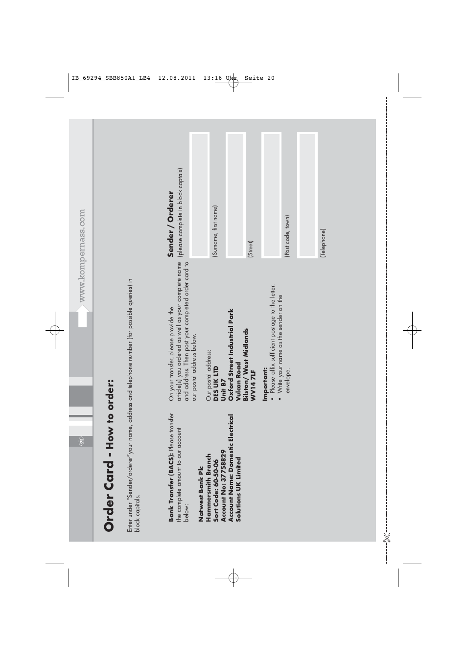 Or der car d | Silvercrest SBB 850 A1 User Manual | Page 22 / 146