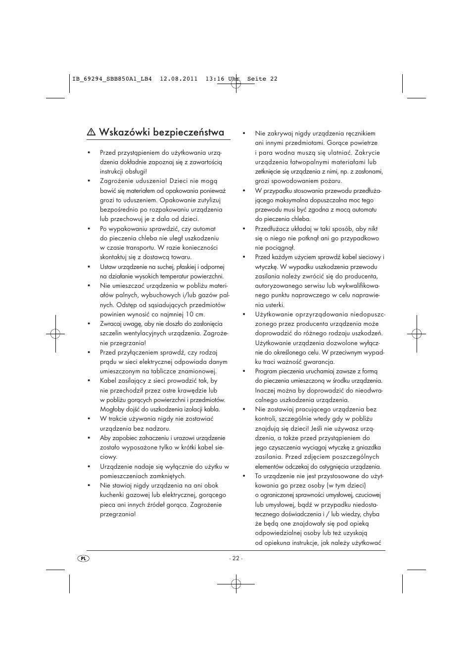 Wskazówki bezpieczeństwa | Silvercrest SBB 850 A1 User Manual | Page 24 / 146