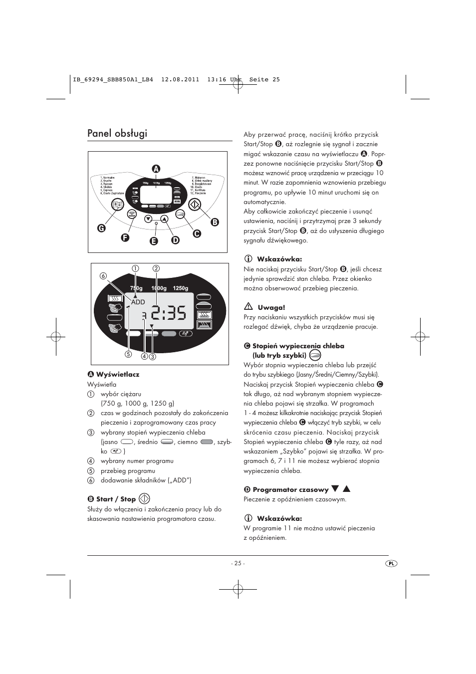 Panel obsługi | Silvercrest SBB 850 A1 User Manual | Page 27 / 146