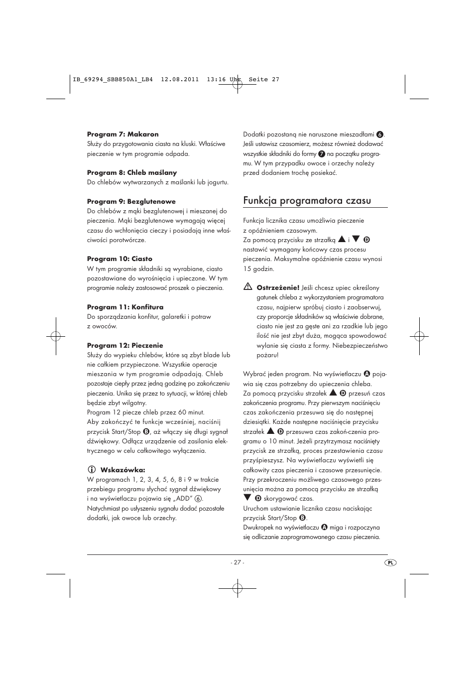 Funkcja programatora czasu | Silvercrest SBB 850 A1 User Manual | Page 29 / 146