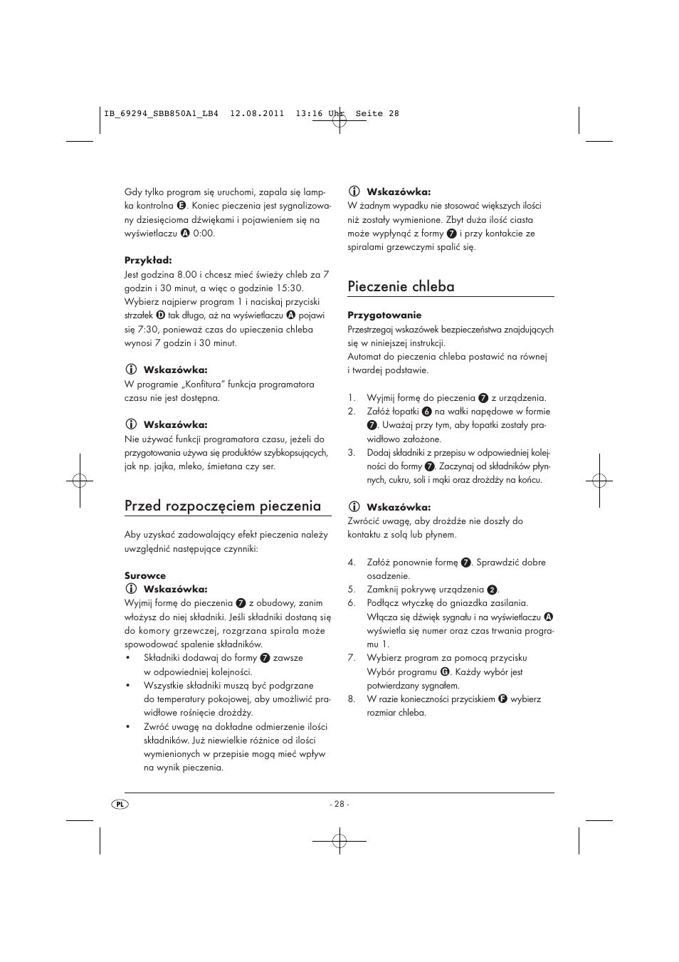 Przed rozpoczęciem pieczenia, Pieczenie chleba | Silvercrest SBB 850 A1 User Manual | Page 30 / 146