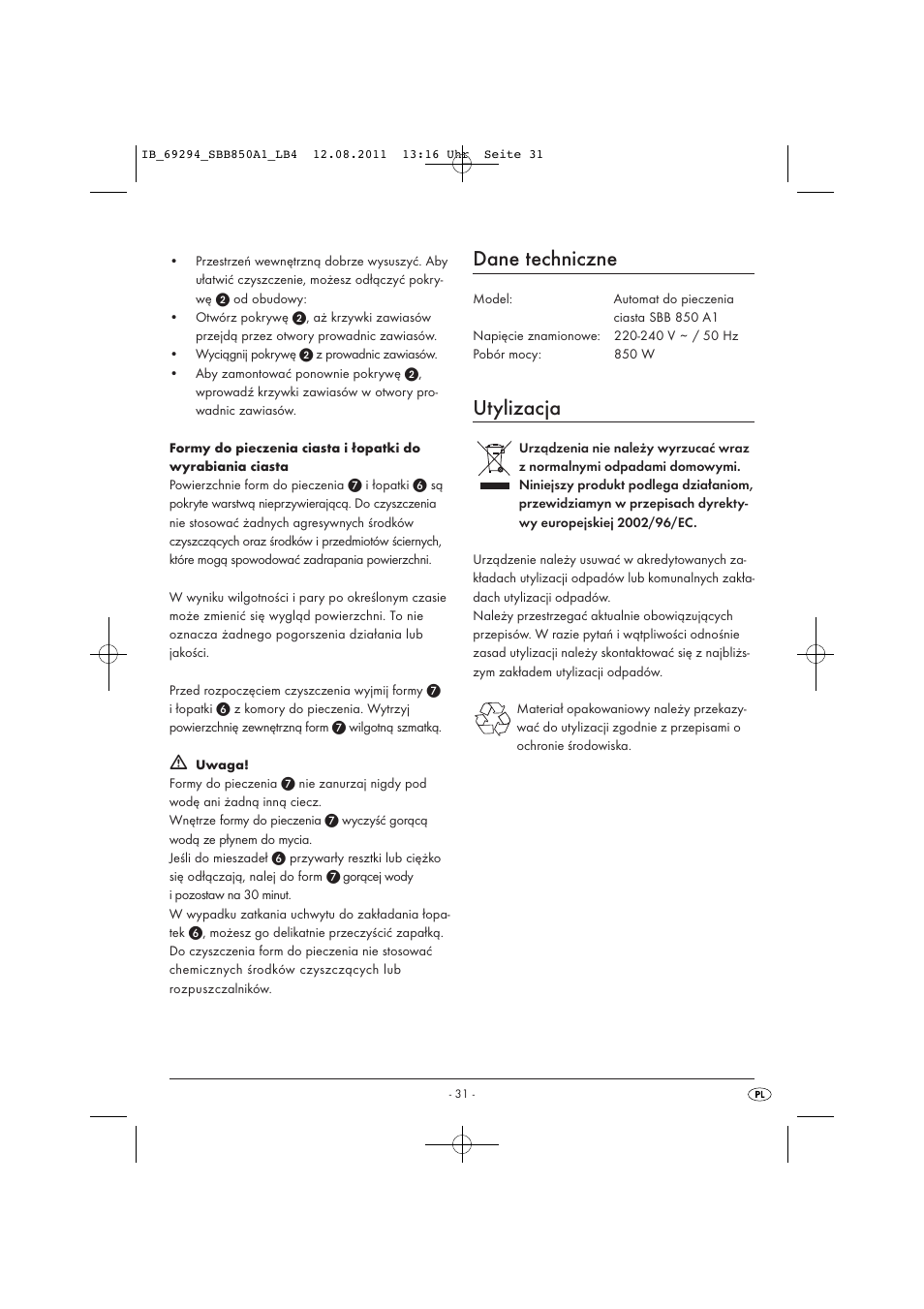 Dane techniczne, Utylizacja | Silvercrest SBB 850 A1 User Manual | Page 33 / 146