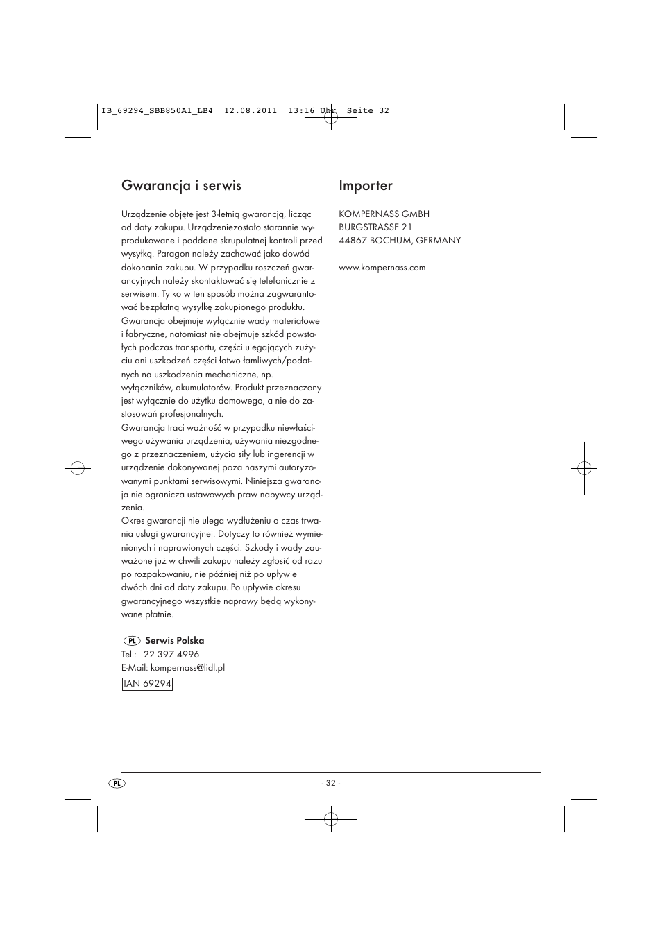 Gwarancja i serwis, Importer | Silvercrest SBB 850 A1 User Manual | Page 34 / 146